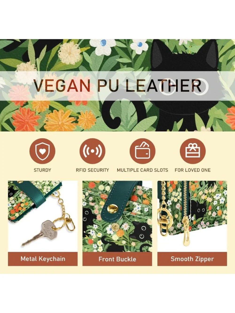 Floral Black Cat RFID Women’s Wallet | Small Slim Credit Card Holder